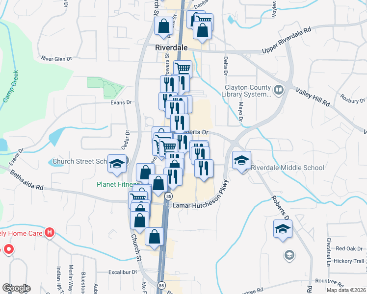 map of restaurants, bars, coffee shops, grocery stores, and more near 6922 Georgia 85 in Riverdale