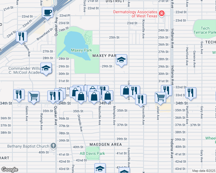 map of restaurants, bars, coffee shops, grocery stores, and more near 3816 32nd Street in Lubbock
