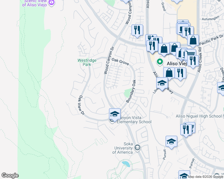 map of restaurants, bars, coffee shops, grocery stores, and more near 6 Lembogan Court in Aliso Viejo
