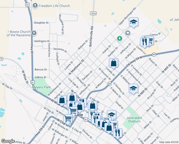 map of restaurants, bars, coffee shops, grocery stores, and more near 808 Sanders Street in Bowie