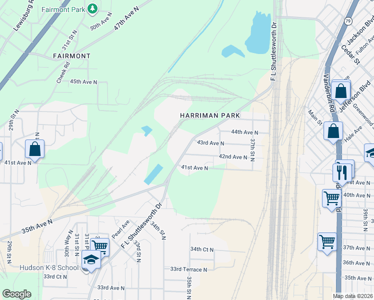 map of restaurants, bars, coffee shops, grocery stores, and more near 4217 F L Shuttlesworth Drive in Birmingham
