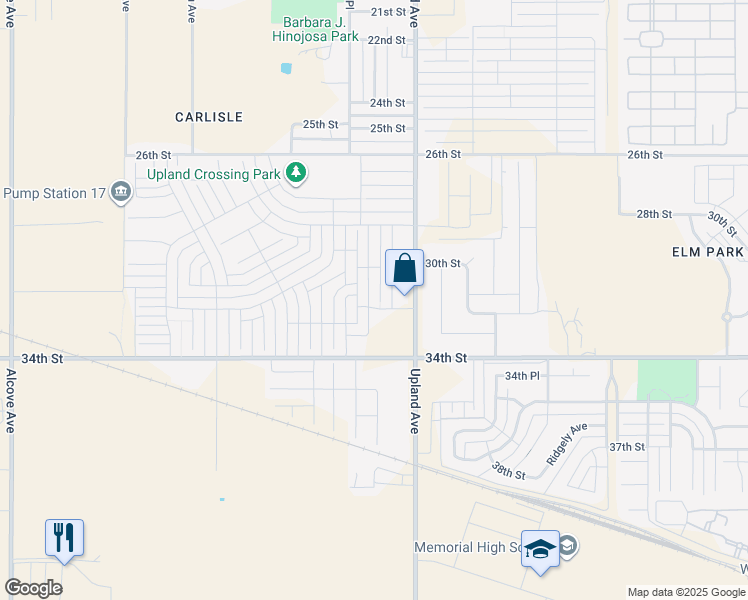 map of restaurants, bars, coffee shops, grocery stores, and more near 32nd Street in Lubbock