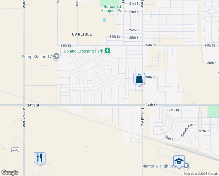 map of restaurants, bars, coffee shops, grocery stores, and more near 32nd Street in Lubbock
