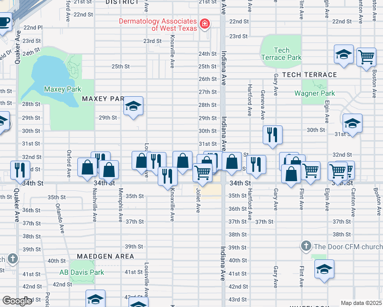 map of restaurants, bars, coffee shops, grocery stores, and more near 3506 32nd Street in Lubbock
