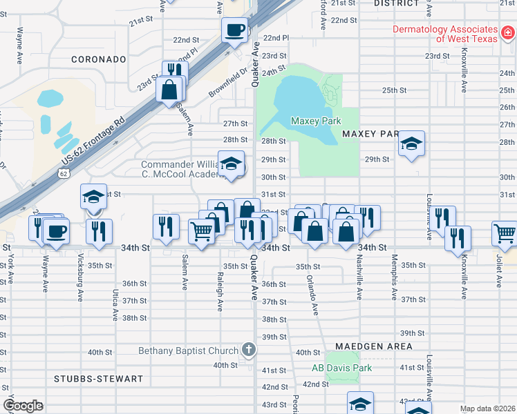 map of restaurants, bars, coffee shops, grocery stores, and more near 4320 32nd Street in Lubbock