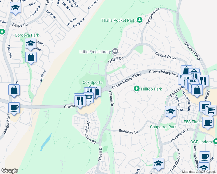 map of restaurants, bars, coffee shops, grocery stores, and more near Crown Valley Parkway & O'Neill Drive in Ladera Ranch