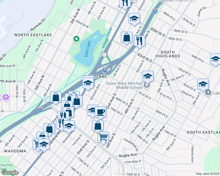 map of restaurants, bars, coffee shops, grocery stores, and more near 8025 1st Avenue North in Birmingham