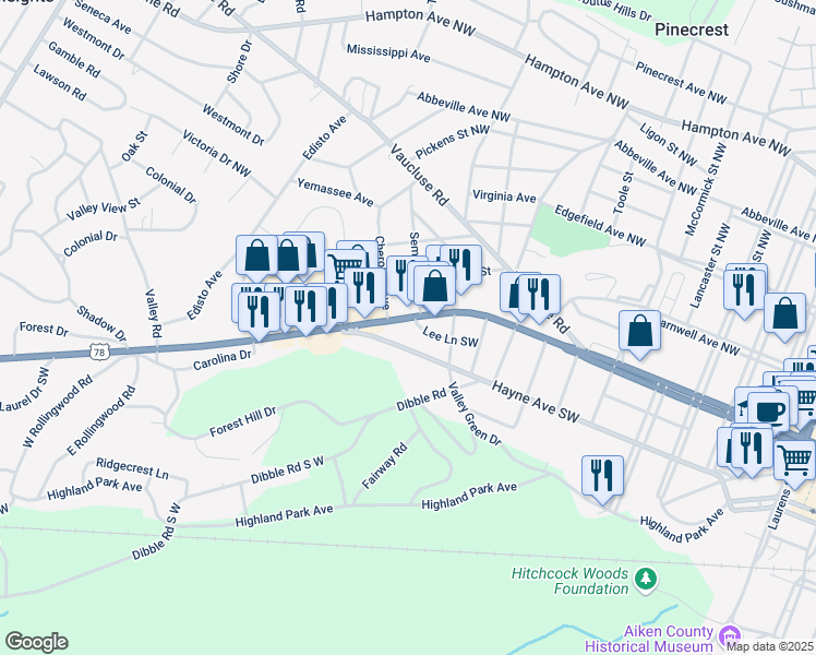 map of restaurants, bars, coffee shops, grocery stores, and more near 1339 Lee Lane Southwest in Aiken