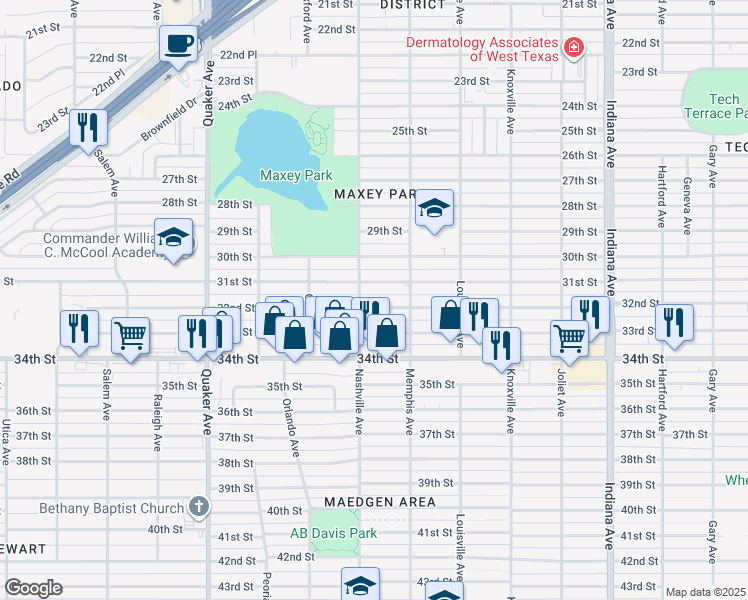 map of restaurants, bars, coffee shops, grocery stores, and more near 3816 32nd Street in Lubbock
