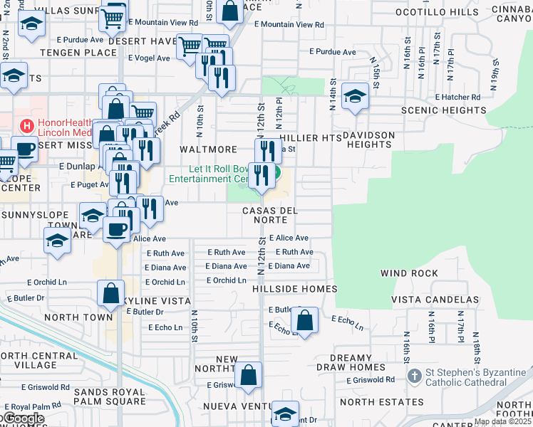 map of restaurants, bars, coffee shops, grocery stores, and more near 1217 East Townley Avenue in Phoenix