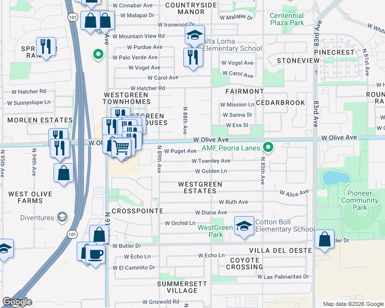 map of restaurants, bars, coffee shops, grocery stores, and more near 8733 West Puget Avenue in Peoria
