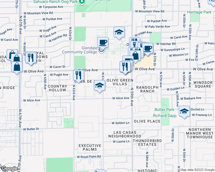 map of restaurants, bars, coffee shops, grocery stores, and more near 6056 West Golden Lane in Glendale