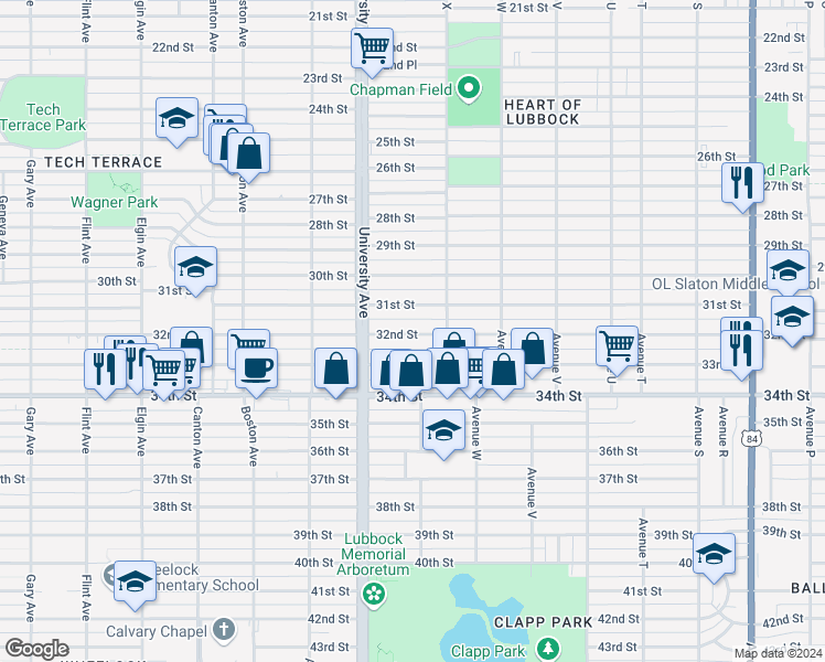 map of restaurants, bars, coffee shops, grocery stores, and more near 2408 32nd Street in Lubbock