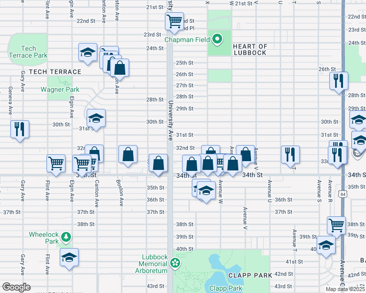 map of restaurants, bars, coffee shops, grocery stores, and more near 2422 32nd Street in Lubbock