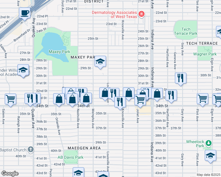 map of restaurants, bars, coffee shops, grocery stores, and more near 3616 32nd Street in Lubbock