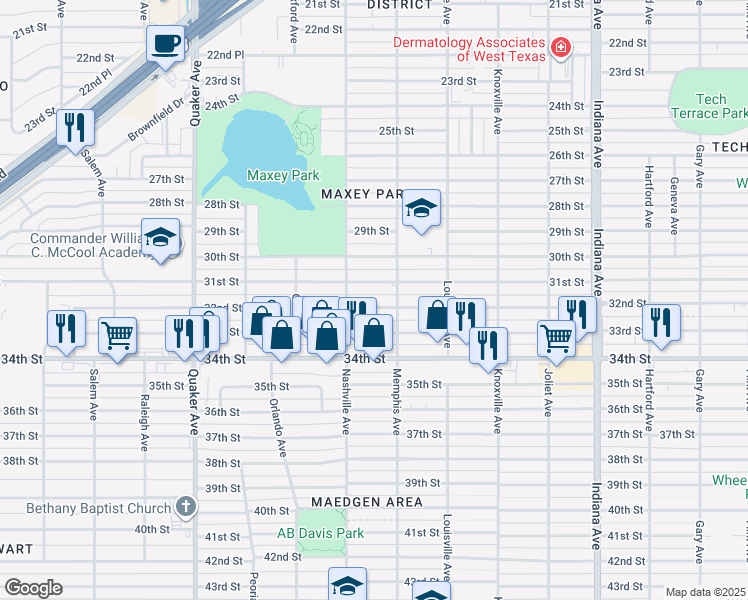 map of restaurants, bars, coffee shops, grocery stores, and more near 3816 32nd Street in Lubbock