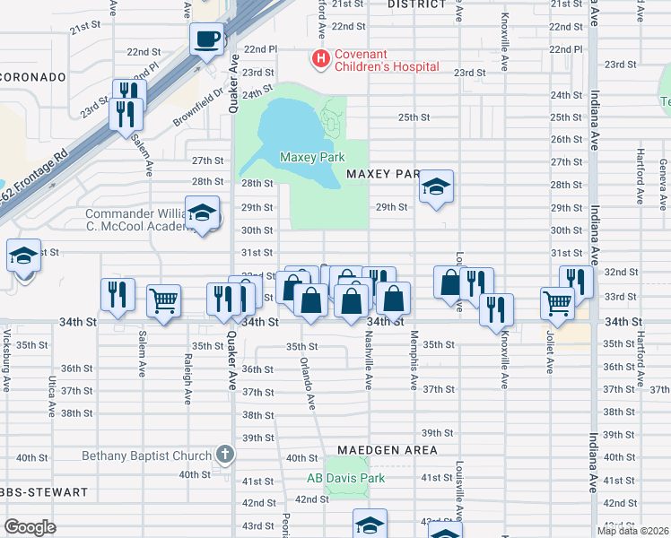 map of restaurants, bars, coffee shops, grocery stores, and more near 4010 32nd Street in Lubbock