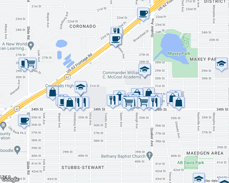 map of restaurants, bars, coffee shops, grocery stores, and more near 4614 32nd Street in Lubbock