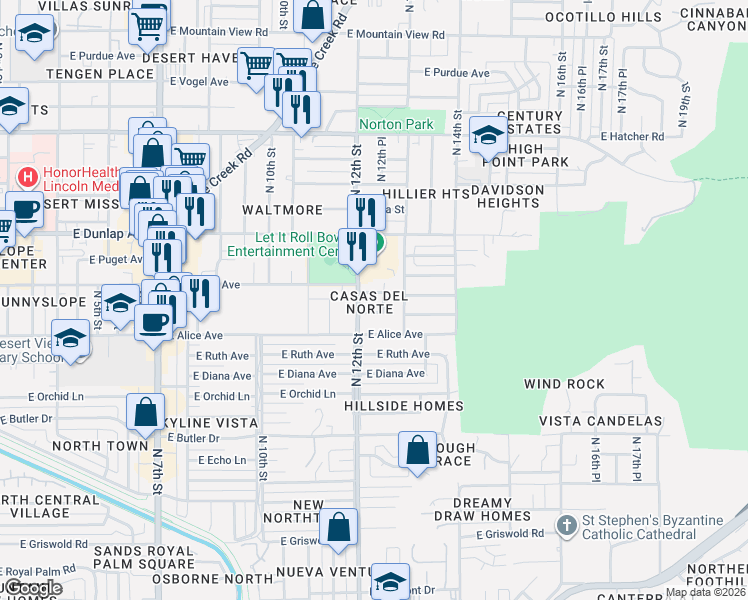 map of restaurants, bars, coffee shops, grocery stores, and more near 1217 East Townley Avenue in Phoenix