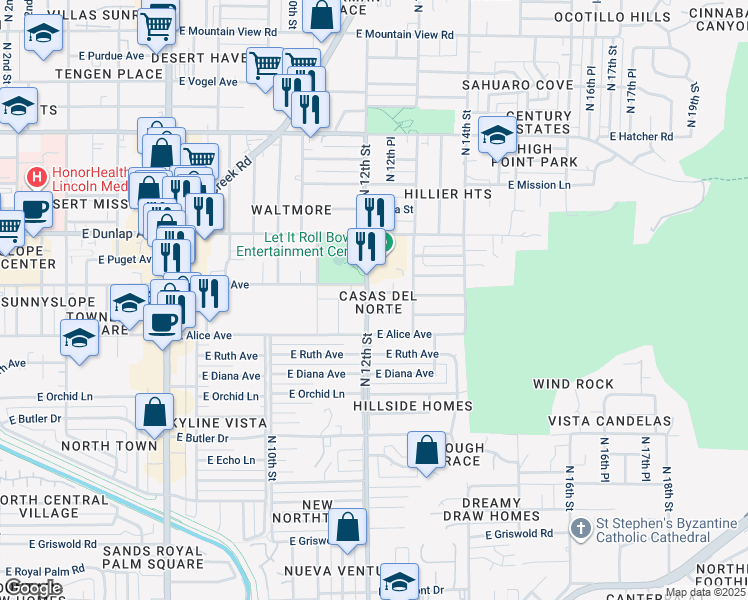 map of restaurants, bars, coffee shops, grocery stores, and more near 1217 East Townley Avenue in Phoenix