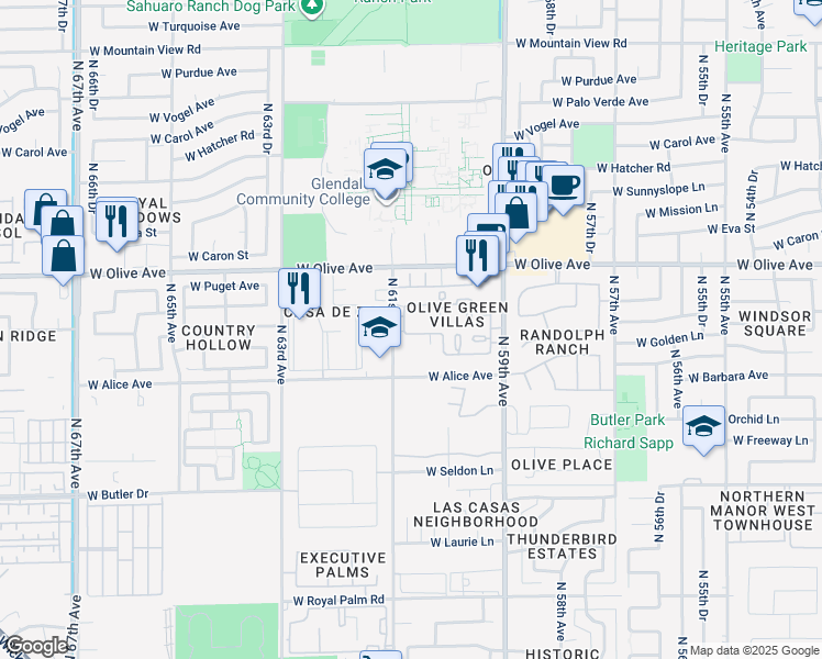 map of restaurants, bars, coffee shops, grocery stores, and more near 6056 West Golden Lane in Glendale