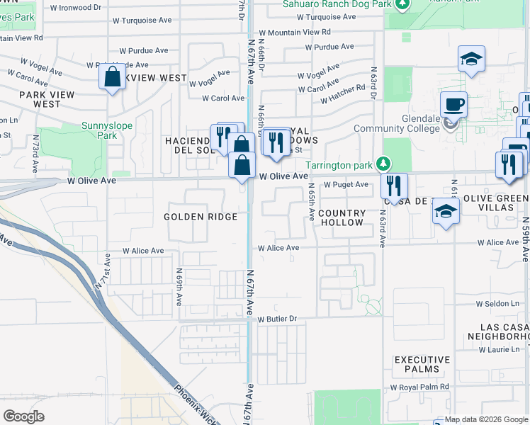 map of restaurants, bars, coffee shops, grocery stores, and more near 6618 West Golden Lane in Glendale