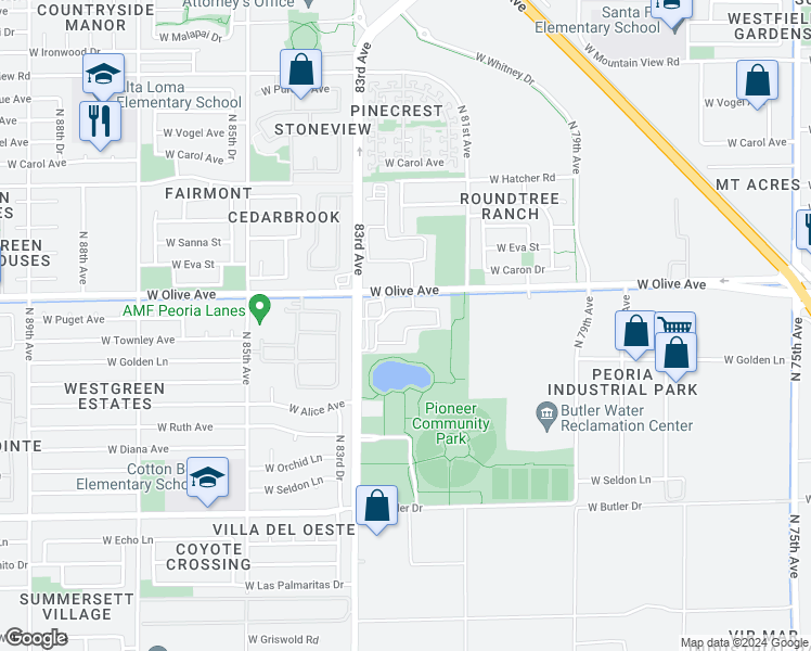 map of restaurants, bars, coffee shops, grocery stores, and more near 8201 West Olive Avenue in Peoria
