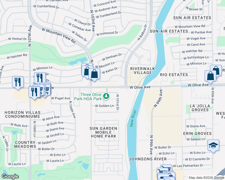 map of restaurants, bars, coffee shops, grocery stores, and more near 10162 West Puget Avenue in Peoria