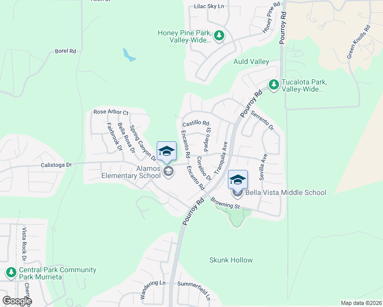 map of restaurants, bars, coffee shops, grocery stores, and more near 38295 Encanto Road in Murrieta