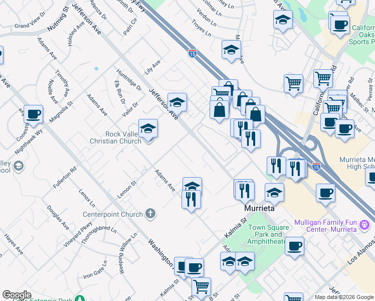 map of restaurants, bars, coffee shops, grocery stores, and more near 24409 Jefferson Avenue in Murrieta