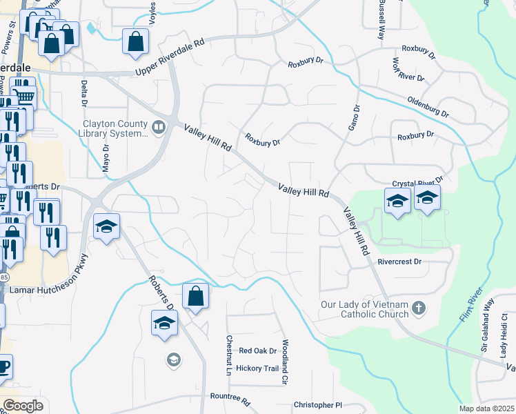 map of restaurants, bars, coffee shops, grocery stores, and more near 6932 Eunice Drive in Riverdale