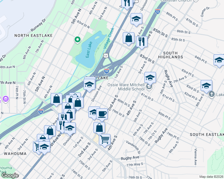 map of restaurants, bars, coffee shops, grocery stores, and more near 8025 1st Avenue North in Birmingham