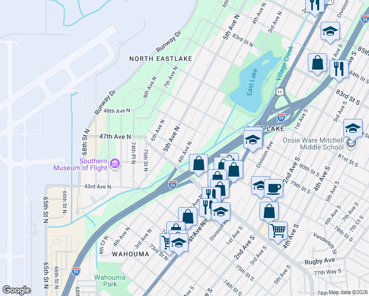 map of restaurants, bars, coffee shops, grocery stores, and more near 7811 4th Avenue North in Birmingham