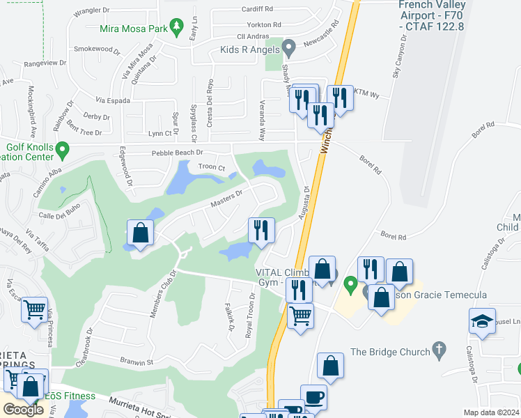 map of restaurants, bars, coffee shops, grocery stores, and more near 30005 Mickelson Way in Murrieta