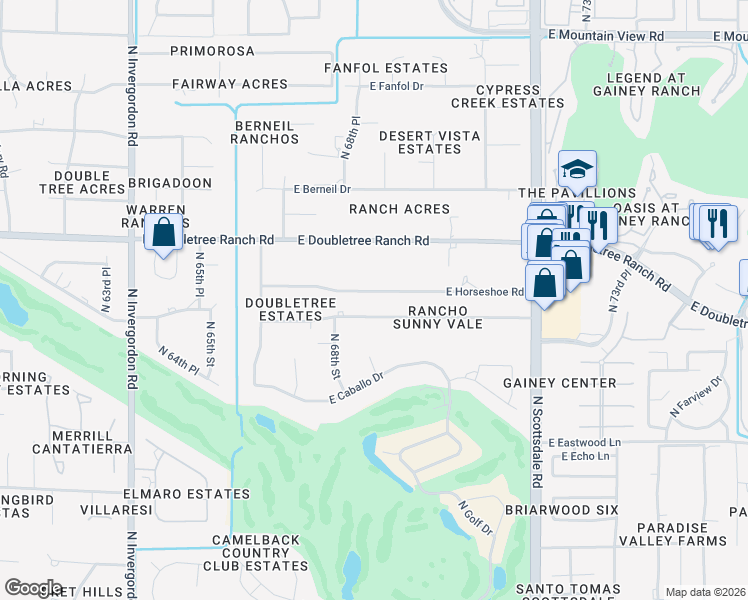 map of restaurants, bars, coffee shops, grocery stores, and more near 6840 East Sunnyvale Road in Paradise Valley