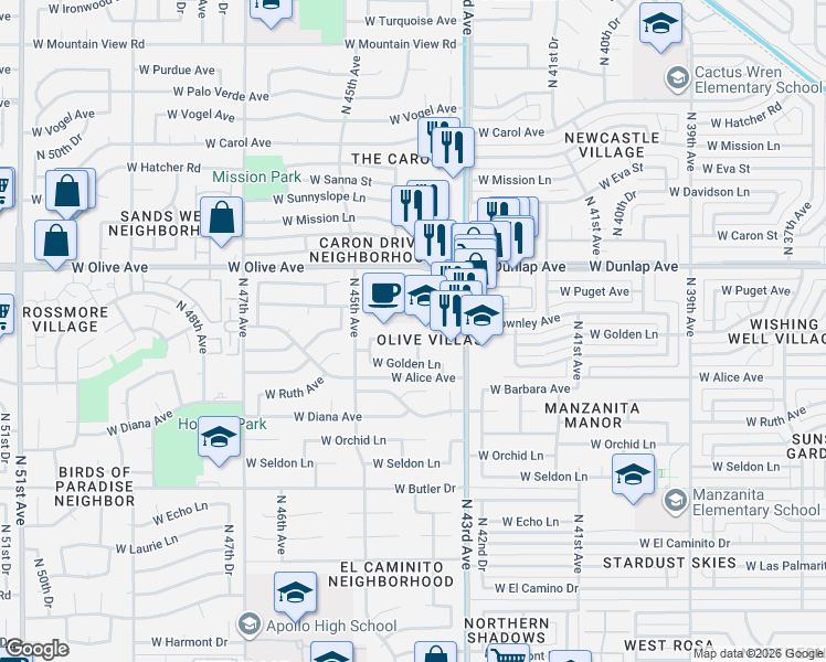 map of restaurants, bars, coffee shops, grocery stores, and more near 4410 West Townley Avenue in Glendale
