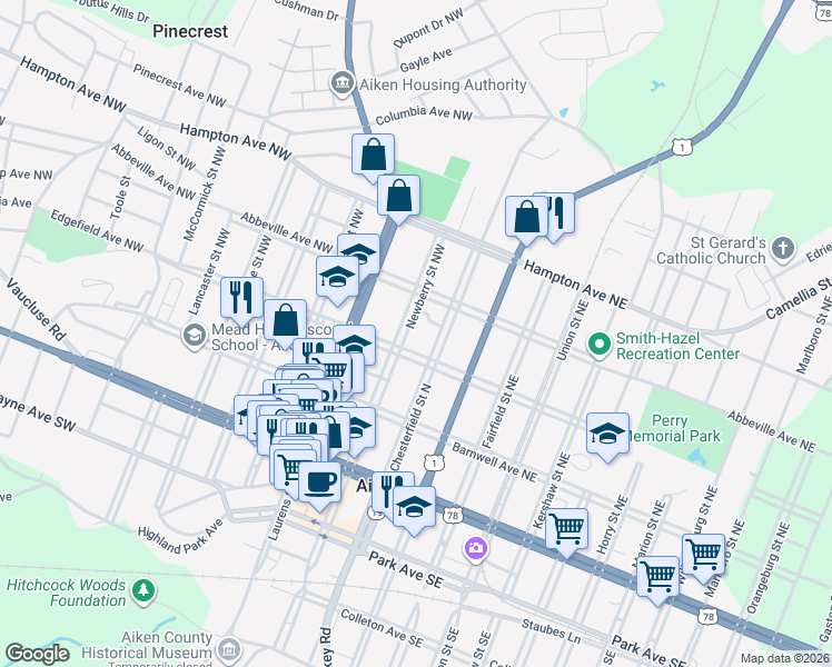 map of restaurants, bars, coffee shops, grocery stores, and more near 318 Newberry Street Northwest in Aiken
