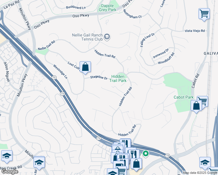 map of restaurants, bars, coffee shops, grocery stores, and more near 25281 Derbyhill Drive in Laguna Hills