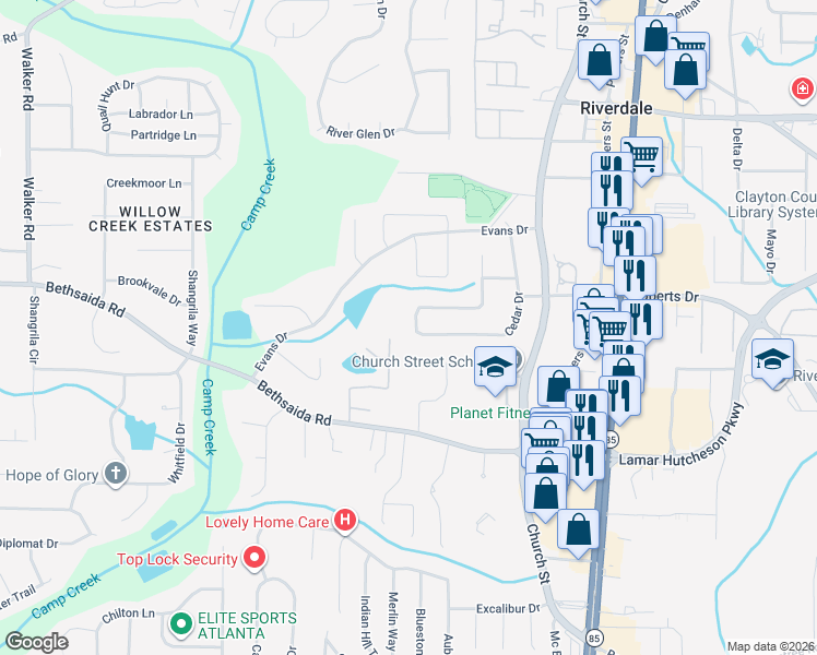 map of restaurants, bars, coffee shops, grocery stores, and more near 6975 Cedar Hill Court in Riverdale