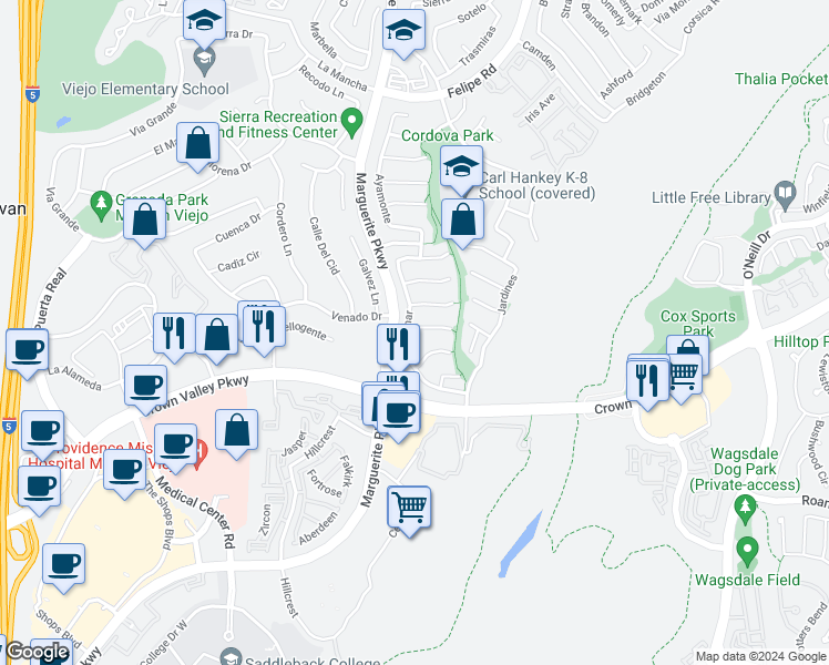 map of restaurants, bars, coffee shops, grocery stores, and more near 27362 Tossamar in Mission Viejo
