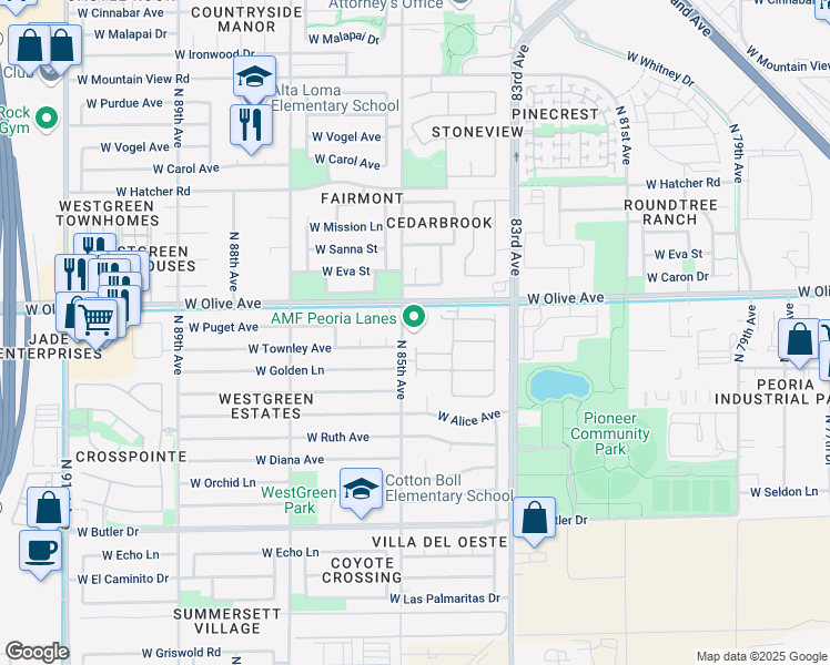 map of restaurants, bars, coffee shops, grocery stores, and more near 8475 West Olive Avenue in Peoria