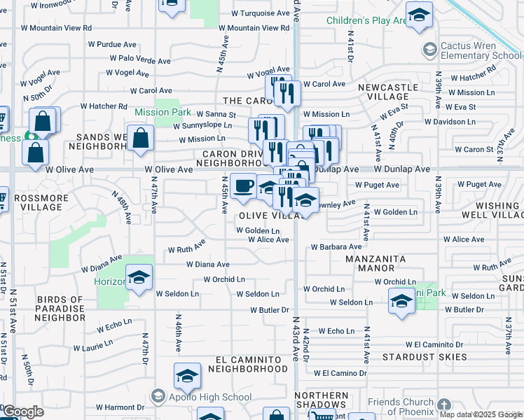 map of restaurants, bars, coffee shops, grocery stores, and more near 4410 West Townley Avenue in Glendale