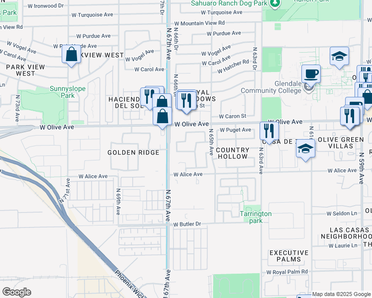 map of restaurants, bars, coffee shops, grocery stores, and more near 6618 West Golden Lane in Glendale