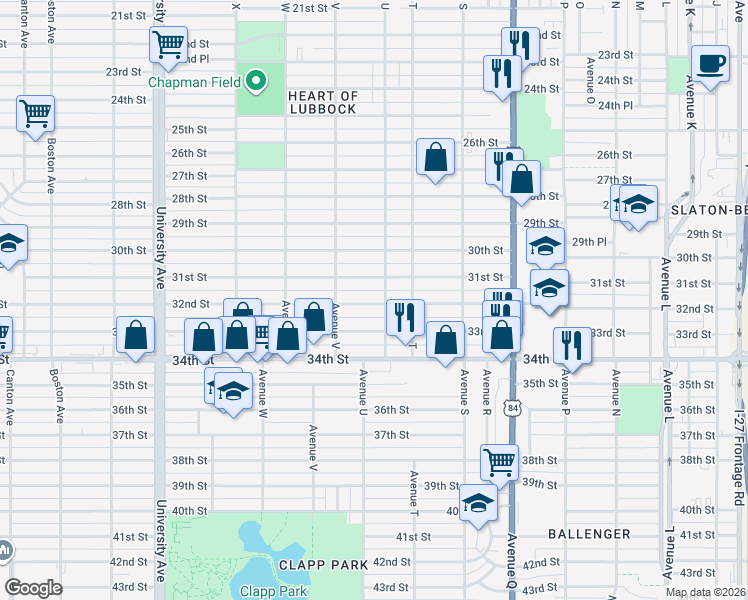 map of restaurants, bars, coffee shops, grocery stores, and more near 2114 32nd Street in Lubbock
