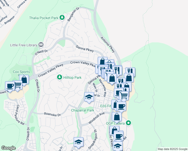 map of restaurants, bars, coffee shops, grocery stores, and more near 50 Main Street in Mission Viejo