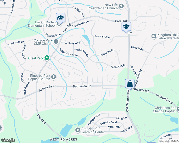 map of restaurants, bars, coffee shops, grocery stores, and more near 2580 Ashley Downs Lane in College Park