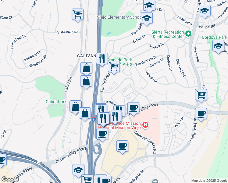 map of restaurants, bars, coffee shops, grocery stores, and more near 27274 Las Ramblas in Mission Viejo