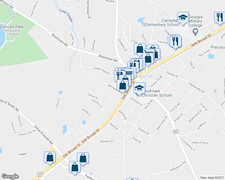 map of restaurants, bars, coffee shops, grocery stores, and more near 56 Southwest Malone Street in Fairburn