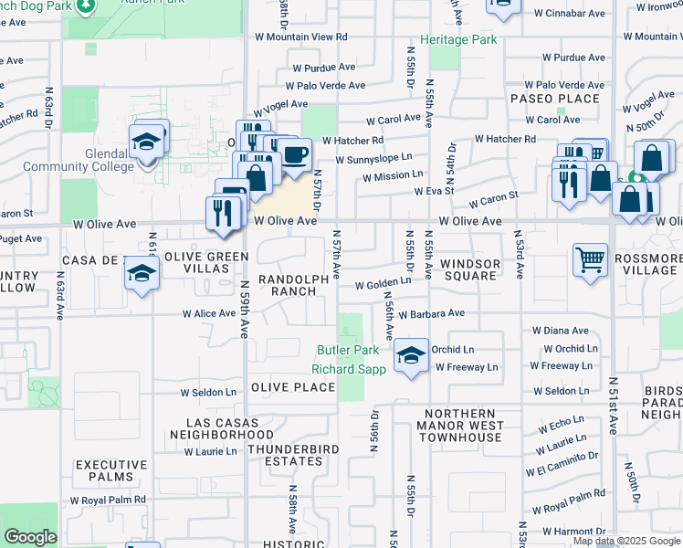 map of restaurants, bars, coffee shops, grocery stores, and more near 5667 West Townley Avenue in Glendale