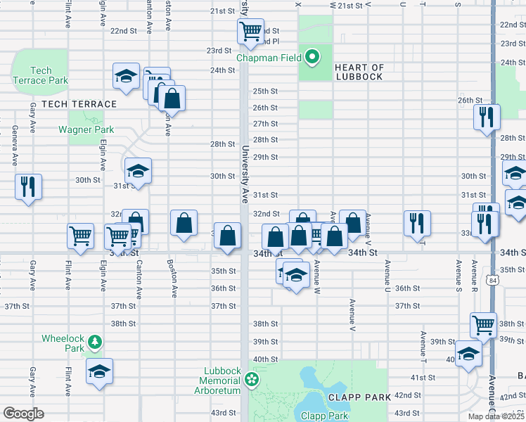 map of restaurants, bars, coffee shops, grocery stores, and more near 2422 32nd Street in Lubbock